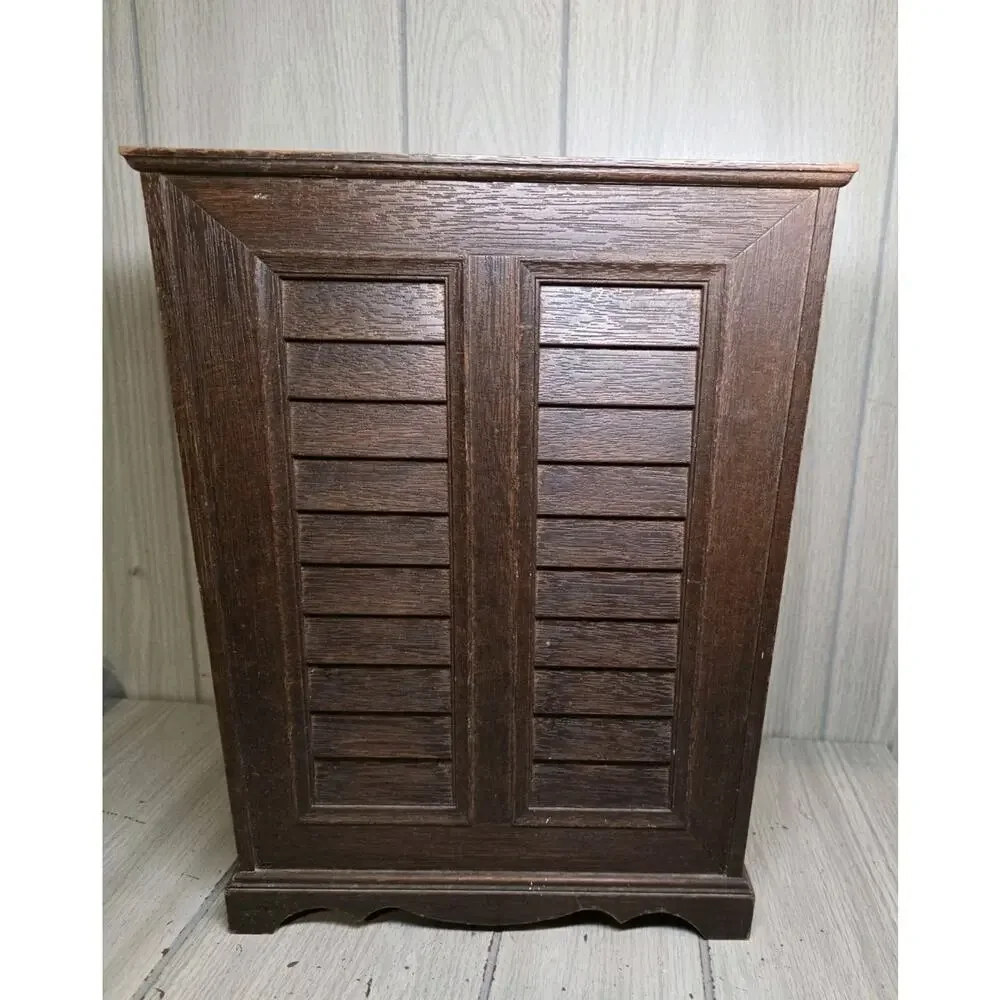 Vintage 1970s Faux Wood Trash Can Retro Bathroom Office Man Cave Bar Groovy